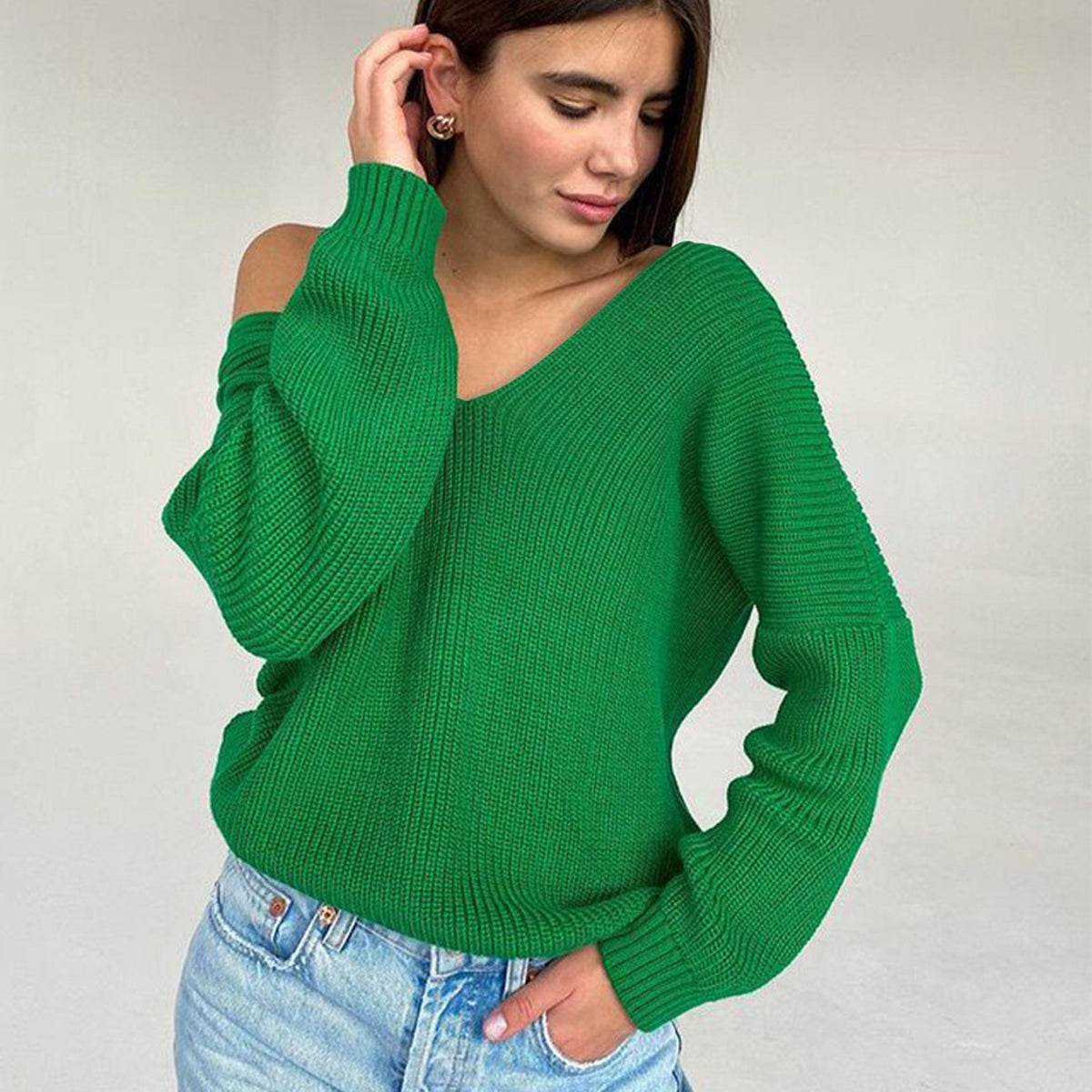 V-Neck Dropped Shoulder Long Sleeve Sweater for a perfect OOTD – dress to impress outfits from Amexza