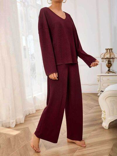 V-Neck Long Sleeve Top and Wide Leg Pants Set - Amexza