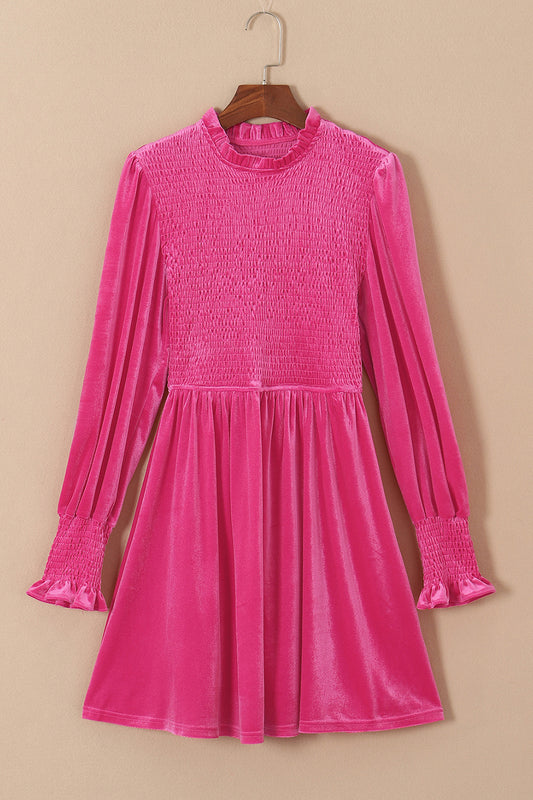 Smocked Round Neck Long Sleeve Dress - Hot Pink / S