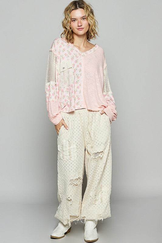 POL Floral Crochet Patch V-Neck Top - Amexza