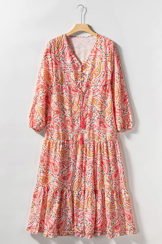 Paisley V-Neck Tied Dress - Multicolor / S