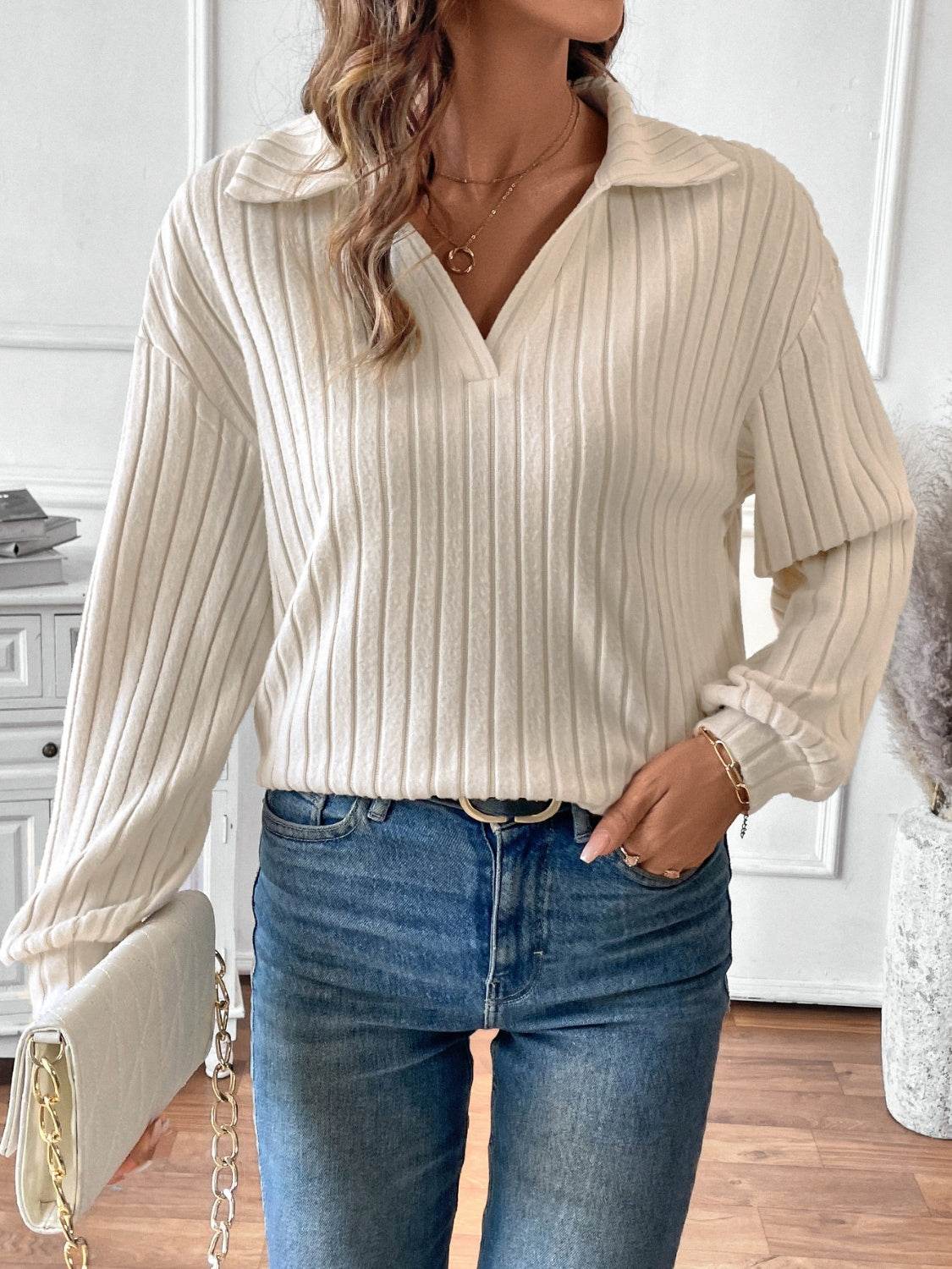 Ribbed Johnny Collar Long Sleeve T-Shirt Khaki for a perfect OOTD – dress to impress outfits from Amexza