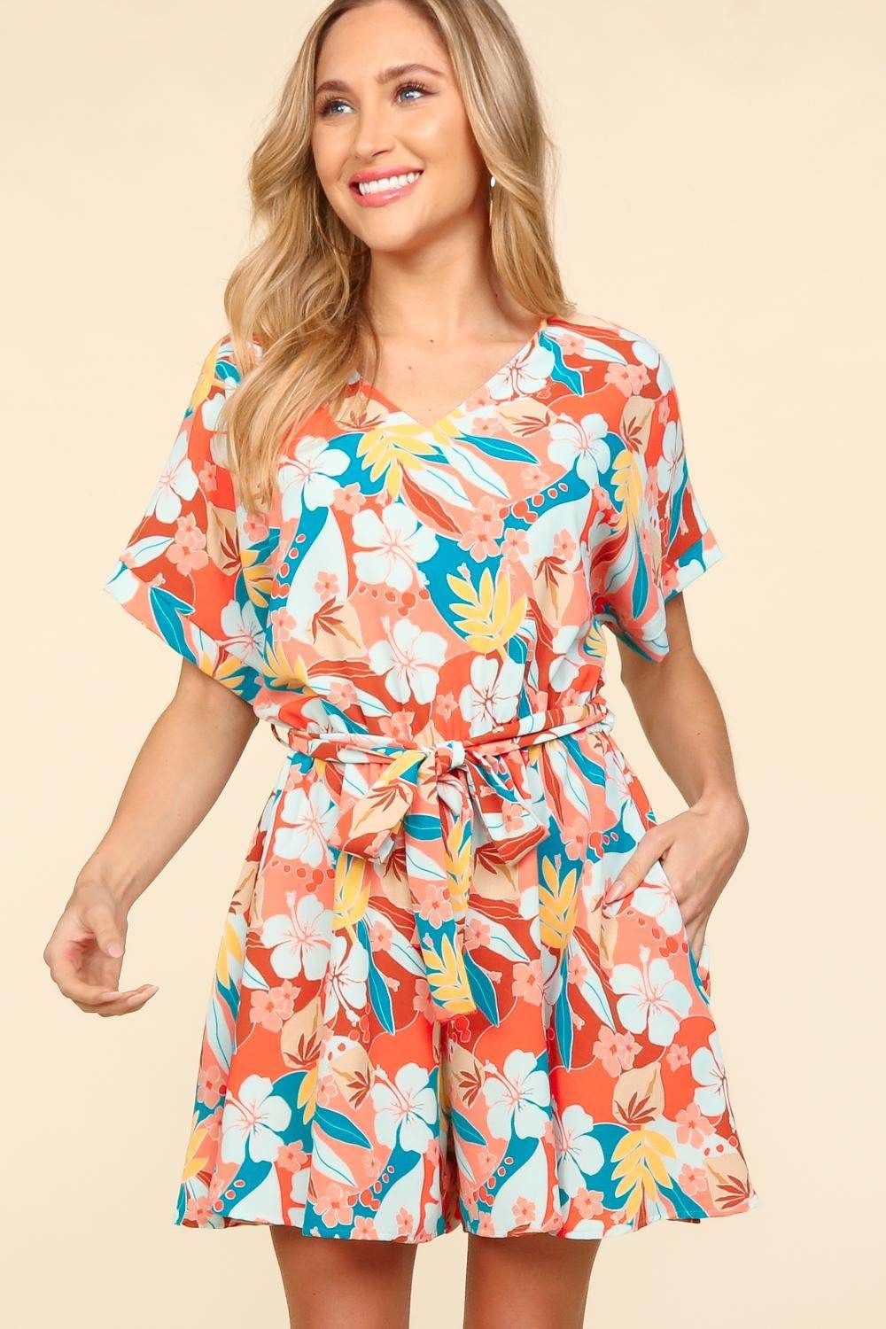 Haptics Tropical Floral Short Sleeve Tied Romper for a perfect OOTD – dress to impress outfits from Amexza