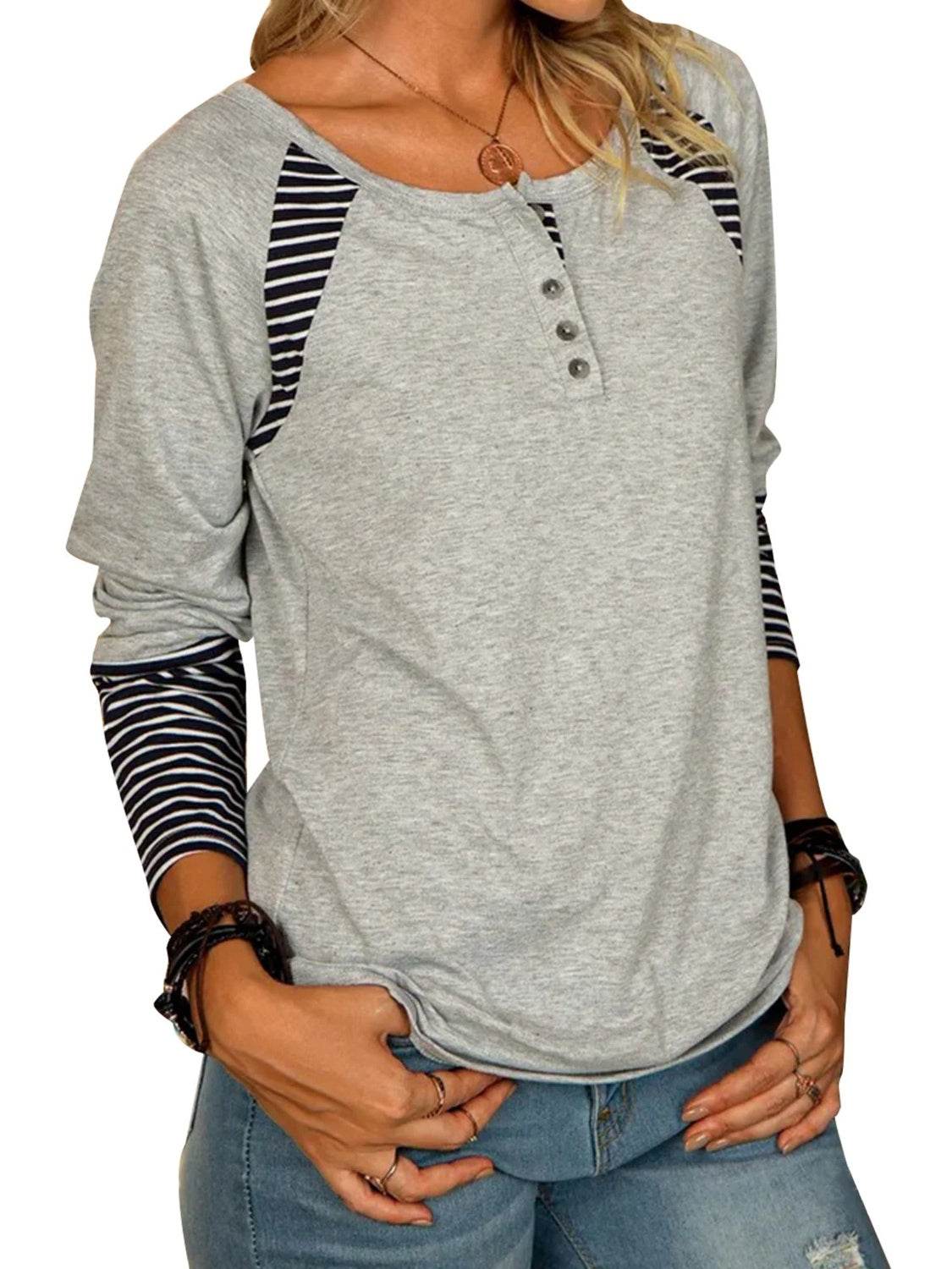 Full Size Striped Quarter Button Long Sleeve T-Shirt - Amexza