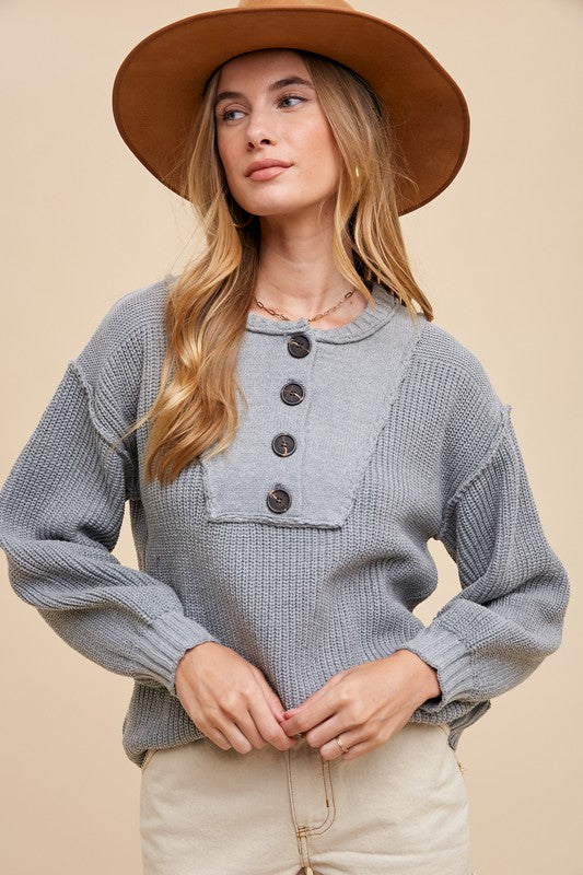 Annie Wear Half Button Ribbed Hem Sweater Gray for a perfect OOTD – dress to impress outfits from Amexza