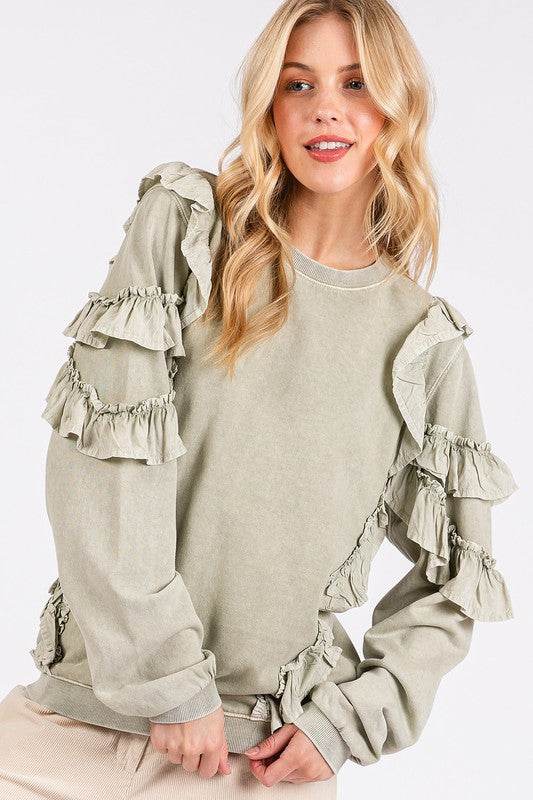 Mittoshop Ruffled Mineral Washed Round Neck Long Sleeve Sweatshirt - Amexza