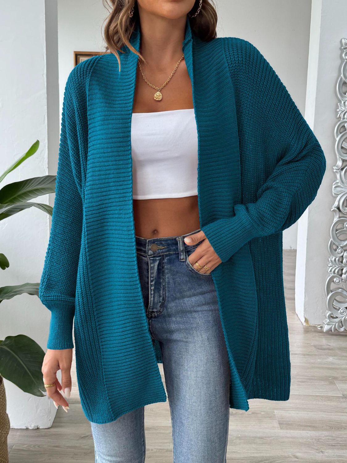 Open Front Long Sleeve Cardigan Deep Teal One Size for a perfect OOTD – dress to impress outfits from Amexza