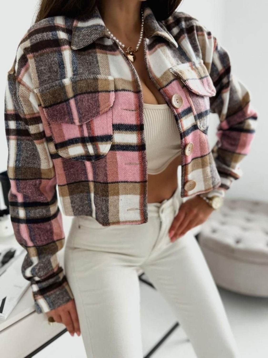 Pocketed Collared Neck Long Sleeve Plaid Jacket - Amexza