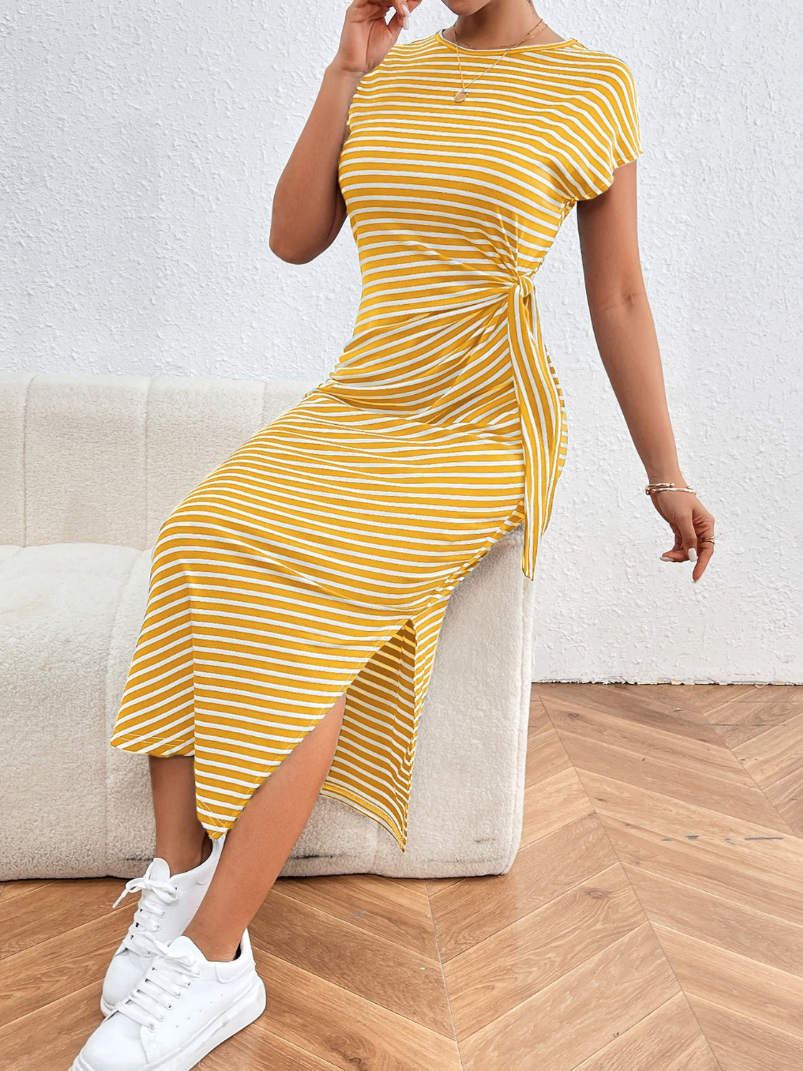 Honey Tied Striped Round Neck Short Sleeve Tee Dress - Yellow / S