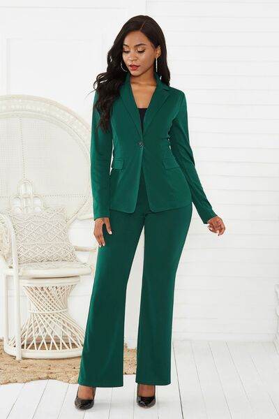 Lapel Collar Long Sleeve Blazer and Pants Set Green for a perfect OOTD – dress to impress outfits from Amexza