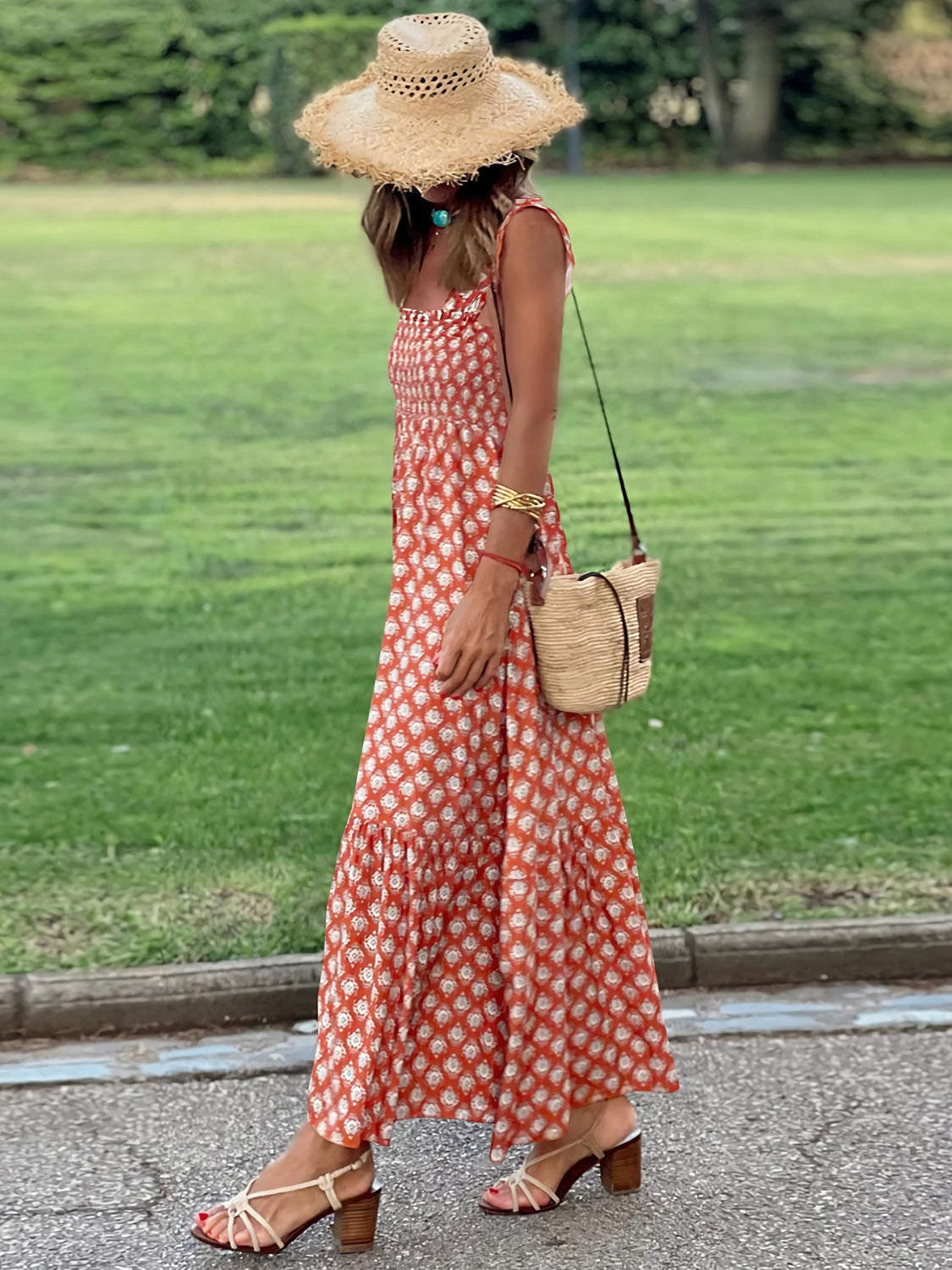 Smocked Printed Square Neck Sleeveless Dress - Orange-Red / S