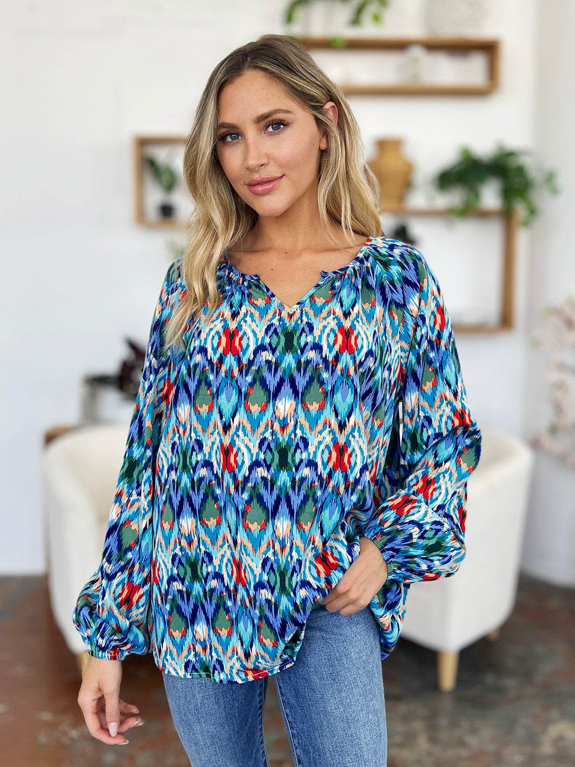 Double Take Full Size Printed Balloon Sleeve Blouse for a perfect OOTD – dress to impress outfits from Amexza