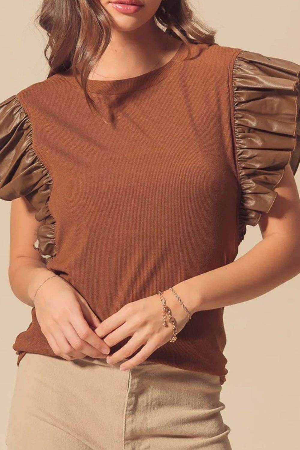 Ruffled Round Neck Cap Sleeve Blouse for a perfect OOTD – dress to impress outfits from Amexza