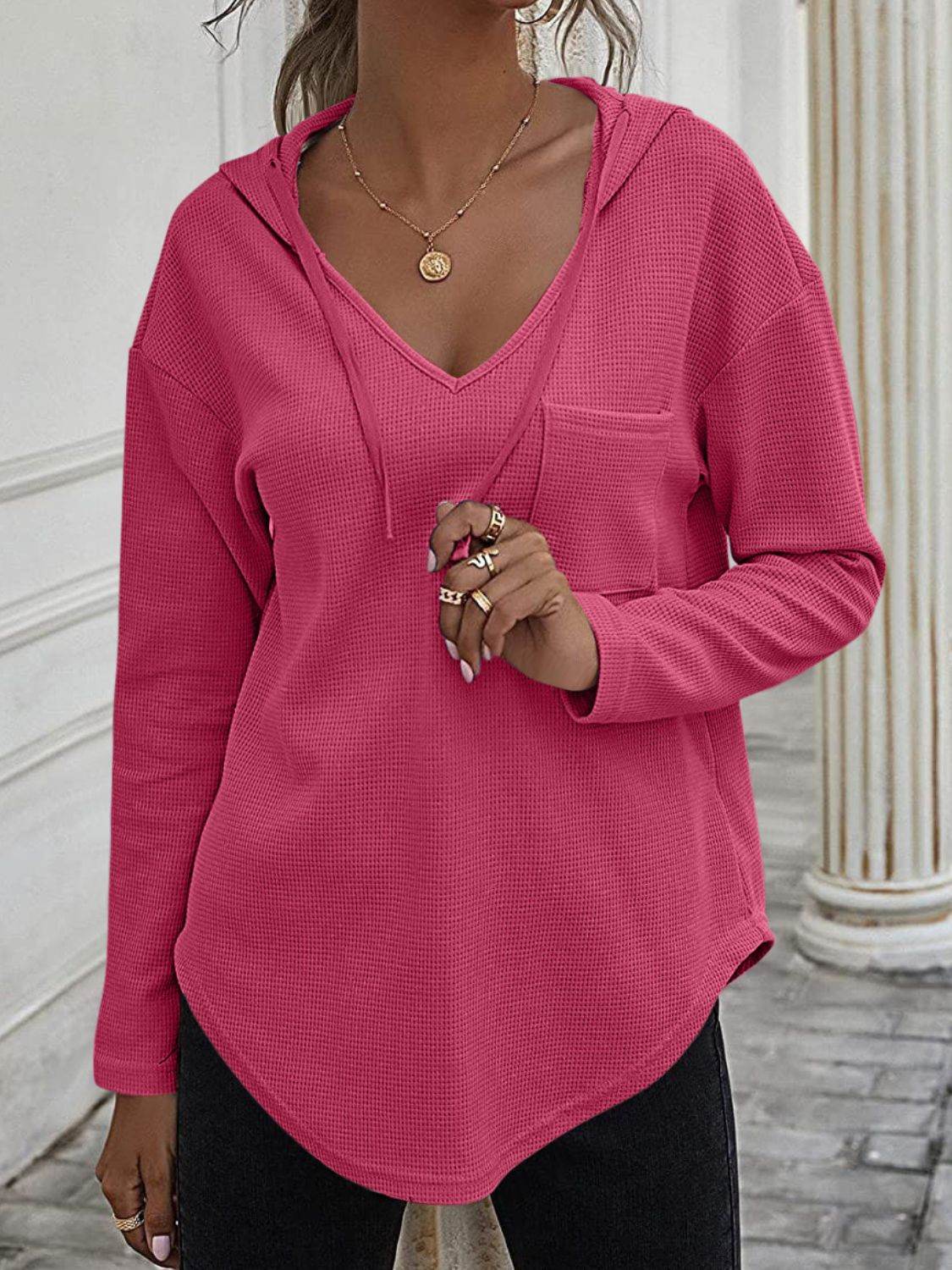 Drawstring Waffle Knit Long Sleeve Hooded Top Hot Pink for a perfect OOTD – dress to impress outfits from Amexza