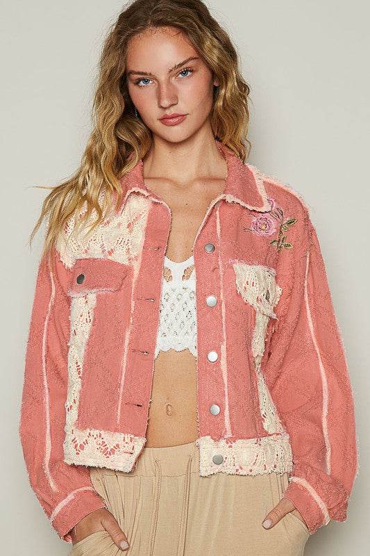 POL Crochet Patch Embroidered Button Up Jacket Pink Multicolor for a perfect OOTD – dress to impress outfits from Amexza