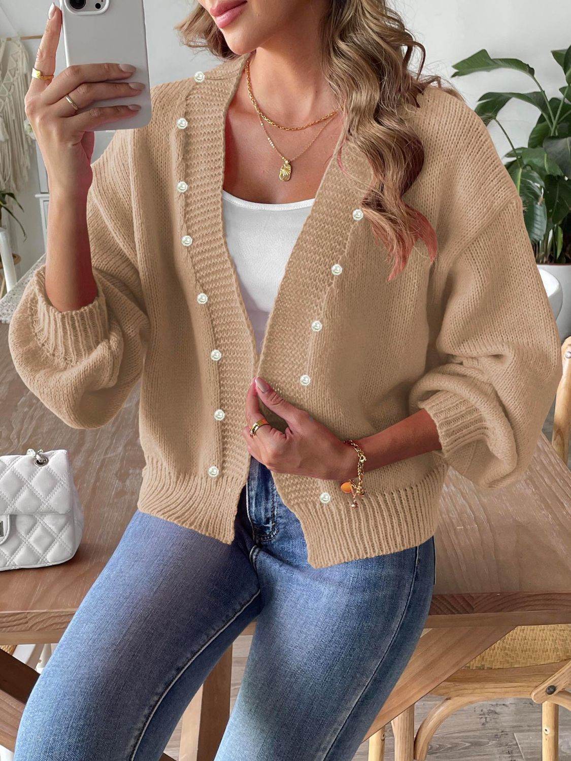 Pearl Open Front Long Sleeve Cardigan for a perfect OOTD – dress to impress outfits from Amexza