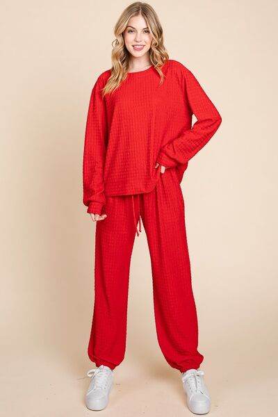 Super Lady Full Size Crinkle Check Round Neck Top and Pants Lounge Set for a perfect OOTD – dress to impress outfits from Amexza