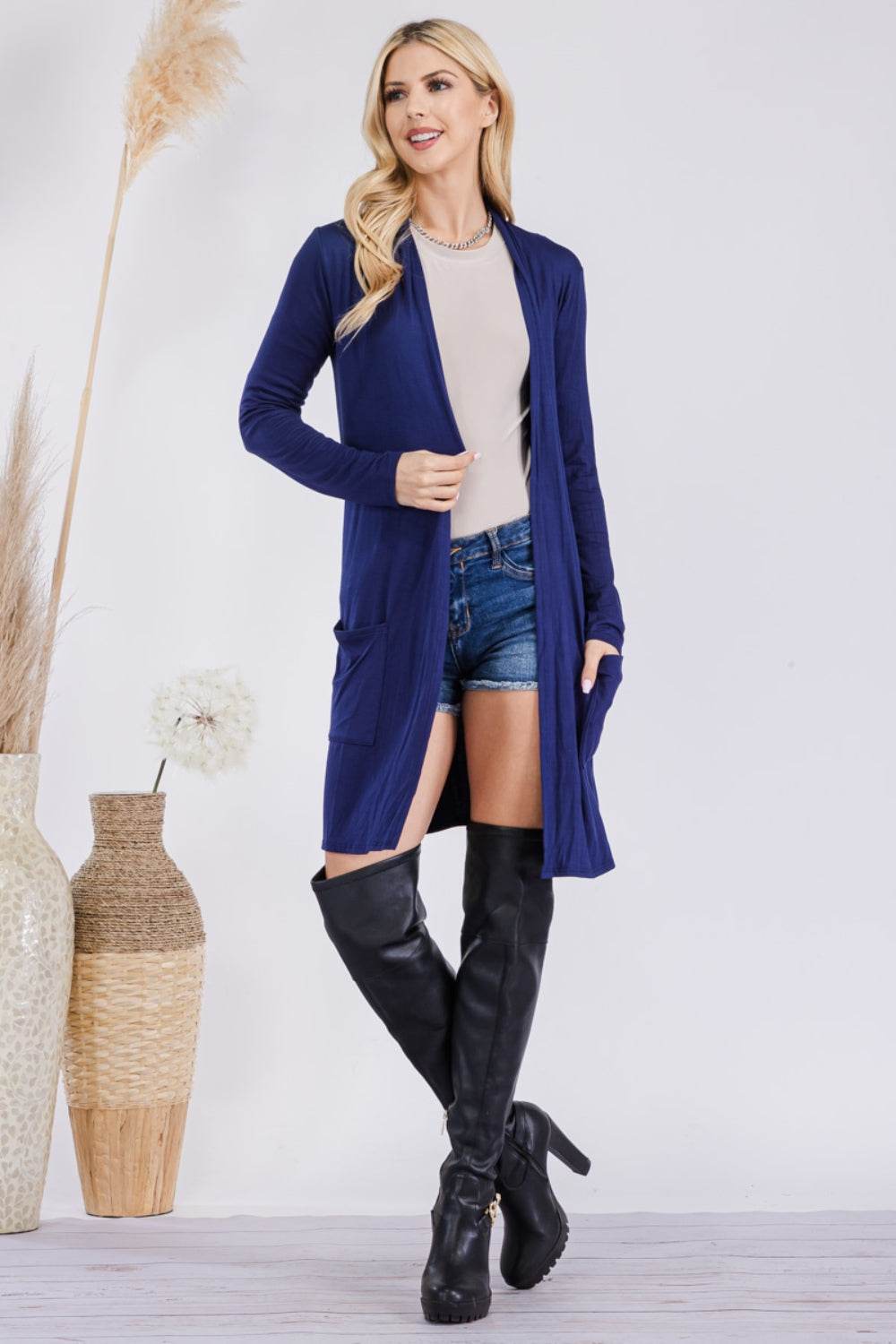 Celeste Full Size Open Front Cardigan with Pockets Navy for a perfect OOTD – dress to impress outfits from Amexza