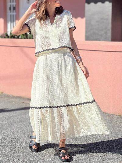 Contrast Trim Openwork Short Sleeve Top and Skirt Set Cream for a perfect OOTD – dress to impress outfits from Amexza