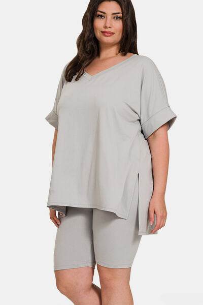 Zenana Full Size V-Neck Short Sleeve Slit T-Shirt and Shorts Set for a perfect OOTD – dress to impress outfits from Amexza