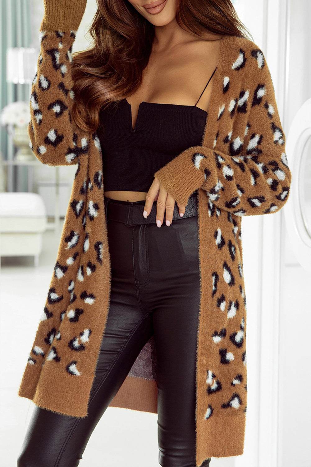 Full Size Leopard Open Front Long Sleeve Cardigan - Amexza