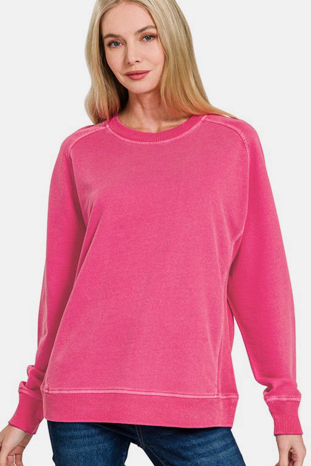 Zenana Full Size Pigment Dyed French Terry Sweatshirt Hot Pink for a perfect OOTD – dress to impress outfits from Amexza