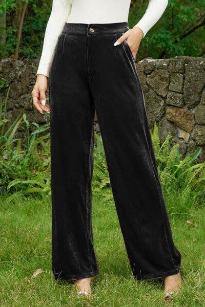 Velvet Wide Leg Pants with Pockets Black for a perfect OOTD – dress to impress outfits from Amexza