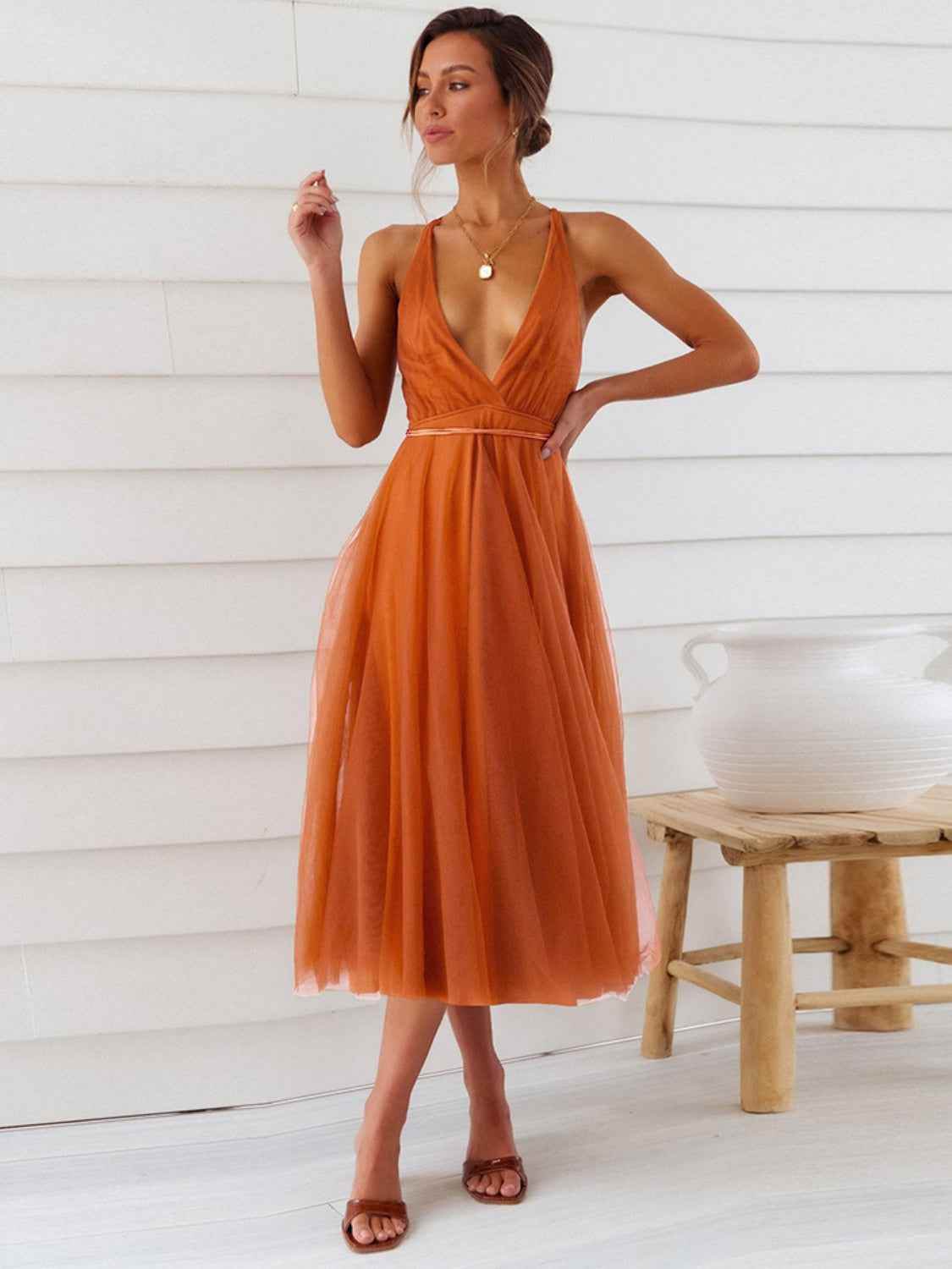 Backless Crisscross Sleeveless Midi Dress Terracotta for a perfect OOTD – dress to impress outfits from Amexza