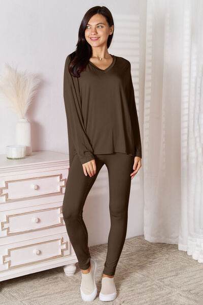 Basic Bae Bamboo Full Size V-Neck Long Sleeve Top and Pants Lounge Set Chocolate for a perfect OOTD – dress to impress outfits from Amexza