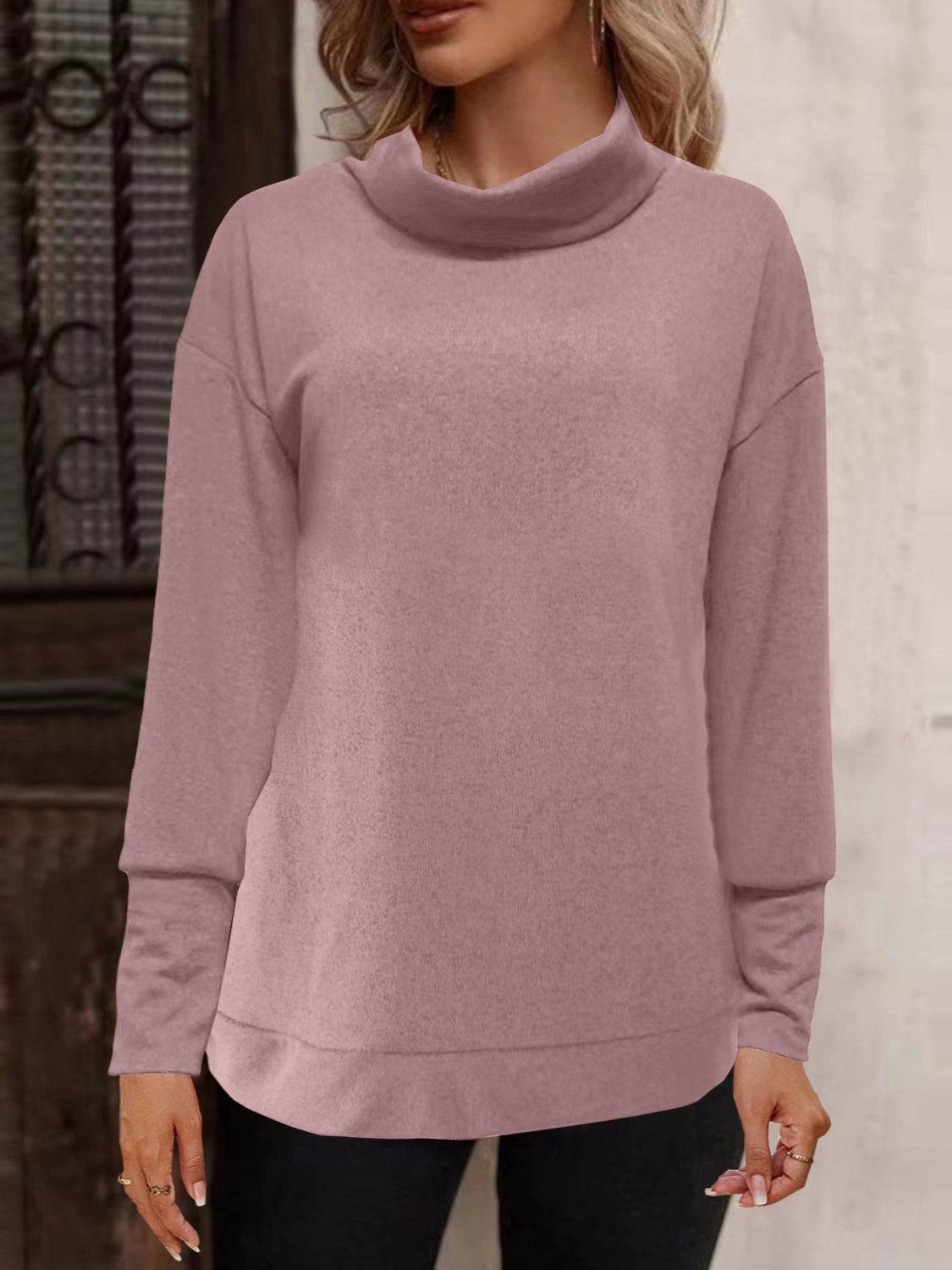 Full Size Mock Neck Long Sleeve T-Shirt Dusty Pink for a perfect OOTD – dress to impress outfits from Amexza