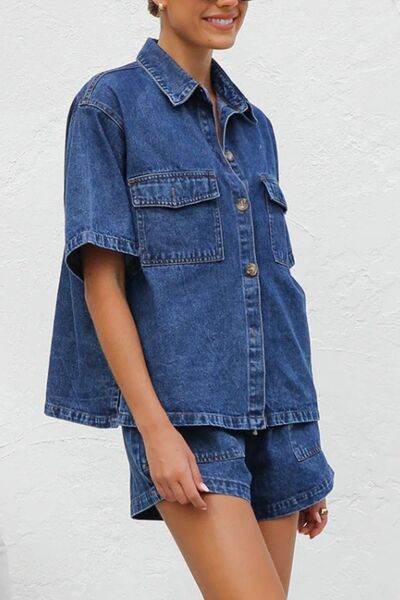 Collared Neck Button Up Top and Shorts Denim Set for a perfect OOTD – dress to impress outfits from Amexza