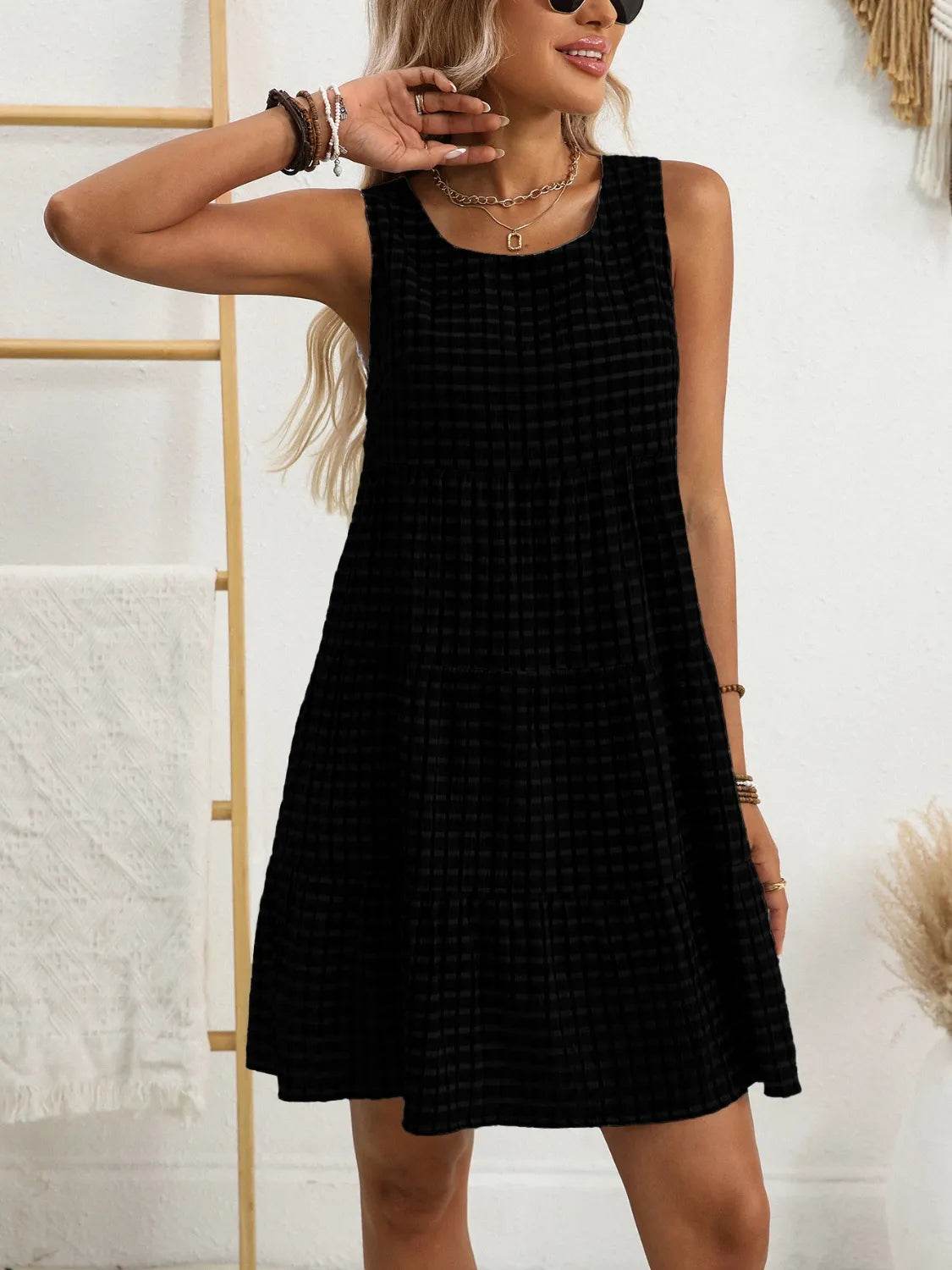 Plaid Round Neck Sleeveless Mini Dress for a perfect OOTD – dress to impress outfits from Amexza