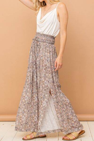 And The Why Printed Smocked Waist Slit Wide Leg Pants Grey for a perfect OOTD – dress to impress outfits from Amexza