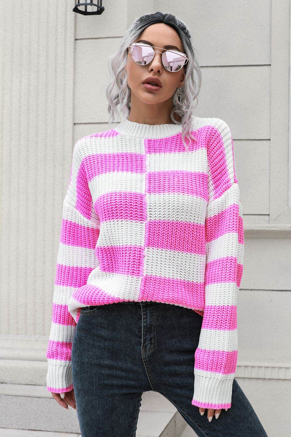 Color Block Dropped Shoulder Sweater Pink for a perfect OOTD – dress to impress outfits from Amexza