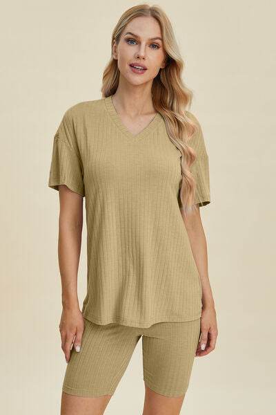 Basic Bae Full Size Ribbed V-Neck Short Sleeve Top and Shorts Set Chartreuse for a perfect OOTD – dress to impress outfits from Amexza