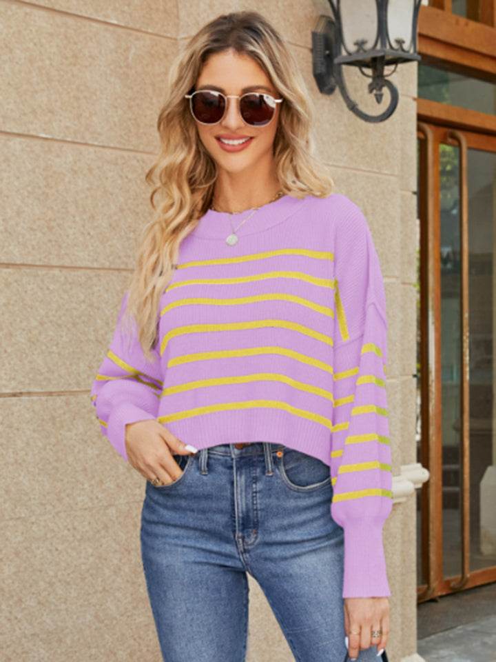 Round Neck Striped Lantern Sleeve Sweater Heliotrope Purple for a perfect OOTD – dress to impress outfits from Amexza