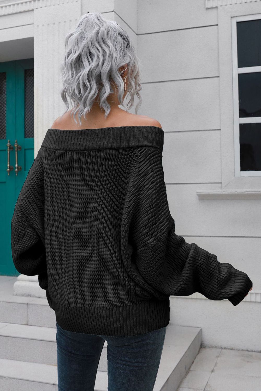 Off-Shoulder Ribbed Long Sleeve Pullover Sweater for a perfect OOTD – dress to impress outfits from Amexza