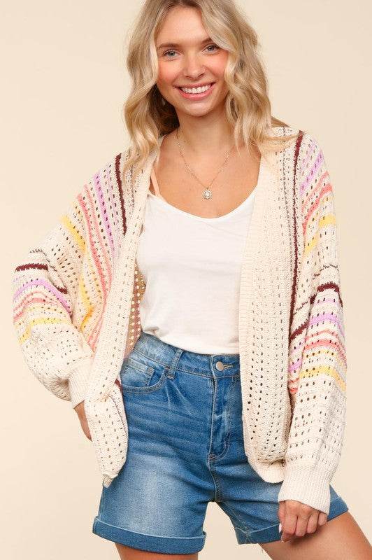 Haptics Full Size Striped Crochet Open Front Cardigan for a perfect OOTD – dress to impress outfits from Amexza