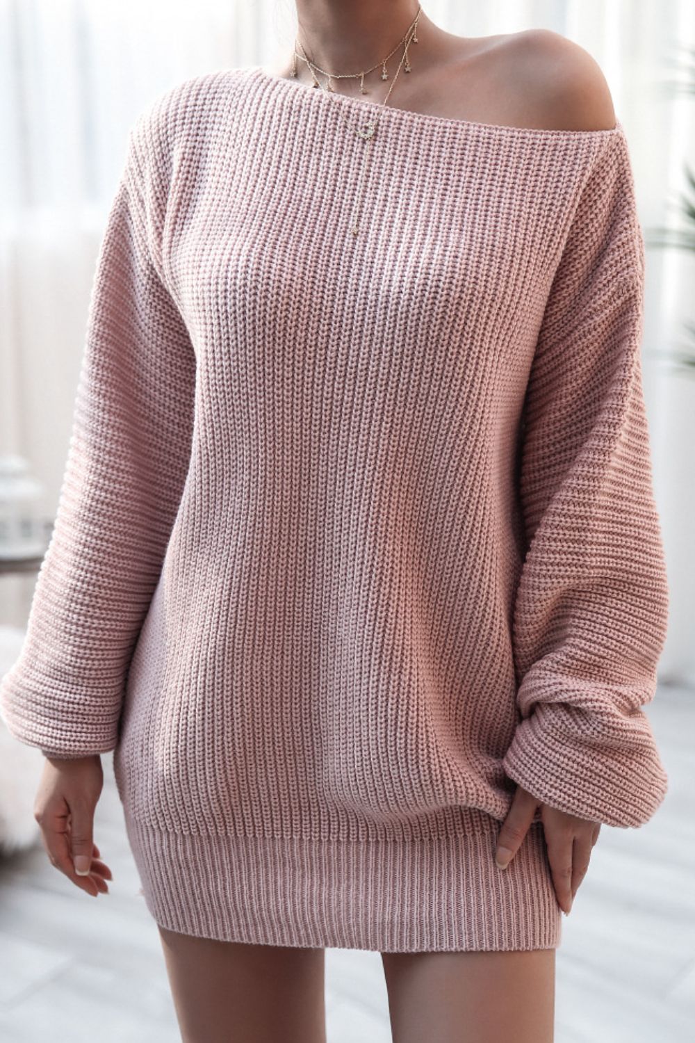 Boat Neck Long Sleeve Mini Sweater Dress Blush Pink for a perfect OOTD – dress to impress outfits from Amexza