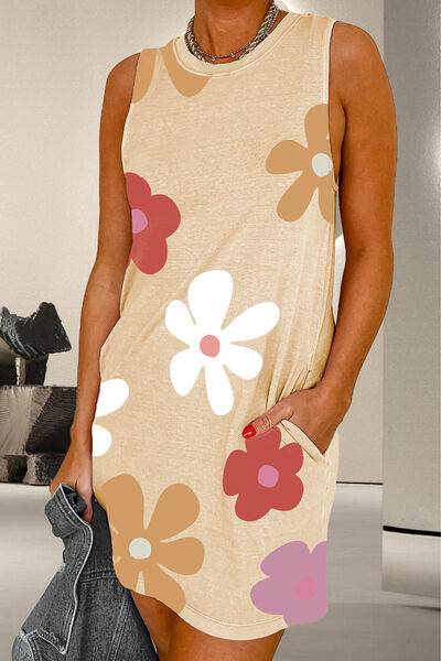 Pocketed Printed Round Neck Tank Dress Tan for a perfect OOTD – dress to impress outfits from Amexza