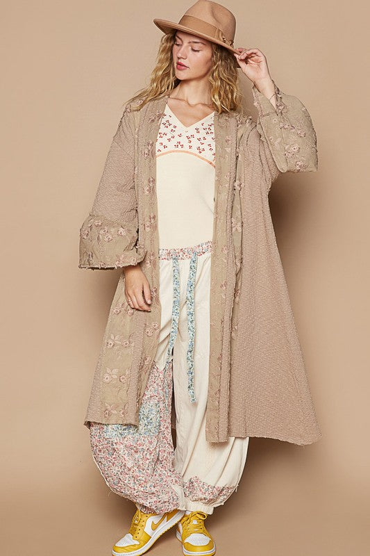 POL Flower Lace Trim Open Front Longline Cardigan Khaki for a perfect OOTD – dress to impress outfits from Amexza