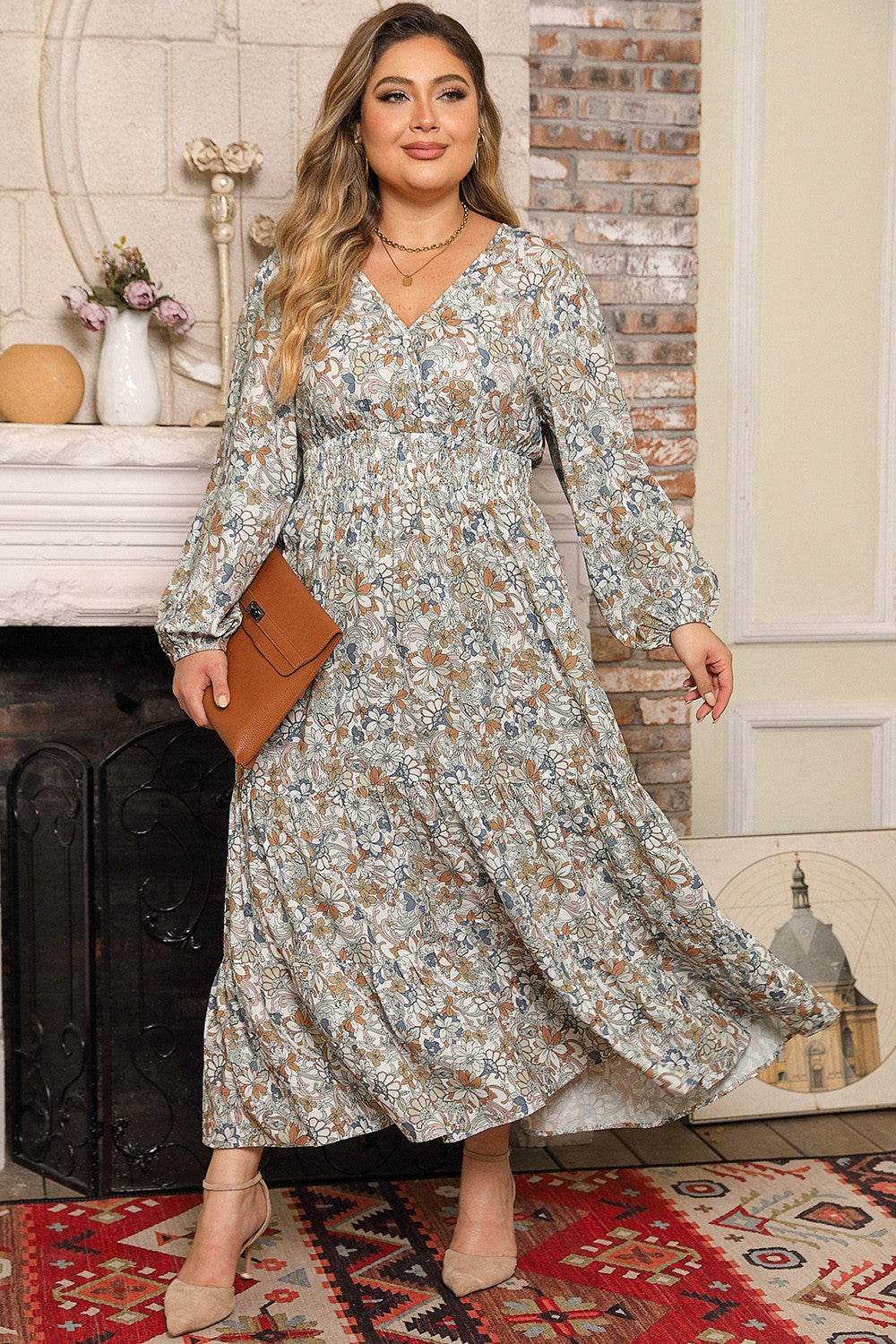 Plus Size Printed Balloon Sleeve Ruffle Hem Dress - Amexza