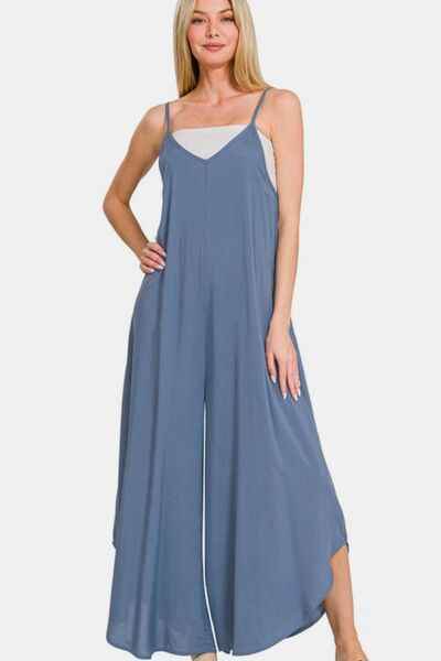 Zenana Spaghetti Strap Wide Leg Overalls with Pockets for a perfect OOTD – dress to impress outfits from Amexza