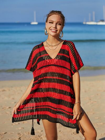 Angel Wings Tassel Openwork Striped V-Neck Cover Up for a perfect OOTD – dress to impress outfits from Amexza