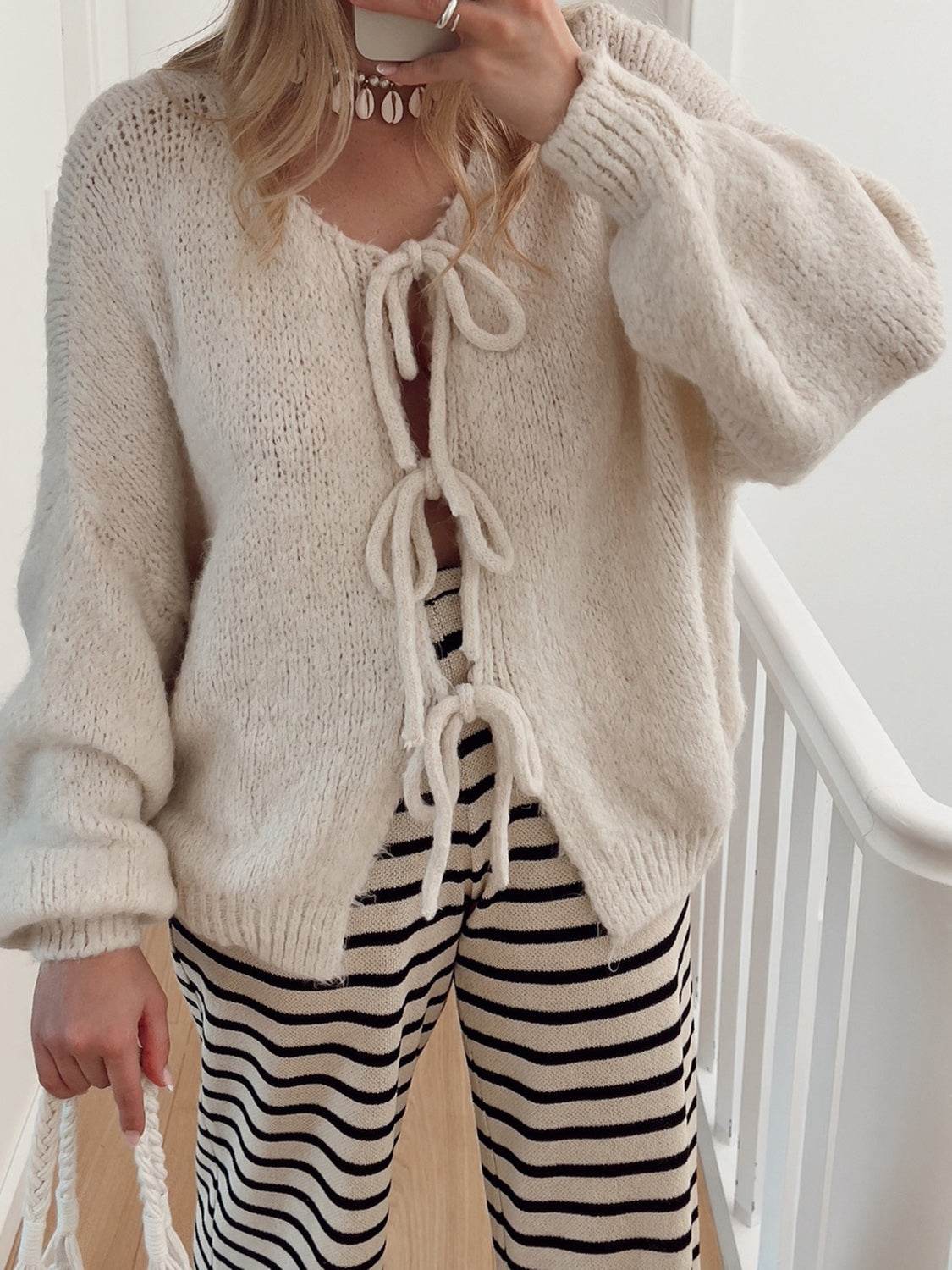 Tied Long Sleeve Dropped Shoulder Cardigan - Amexza