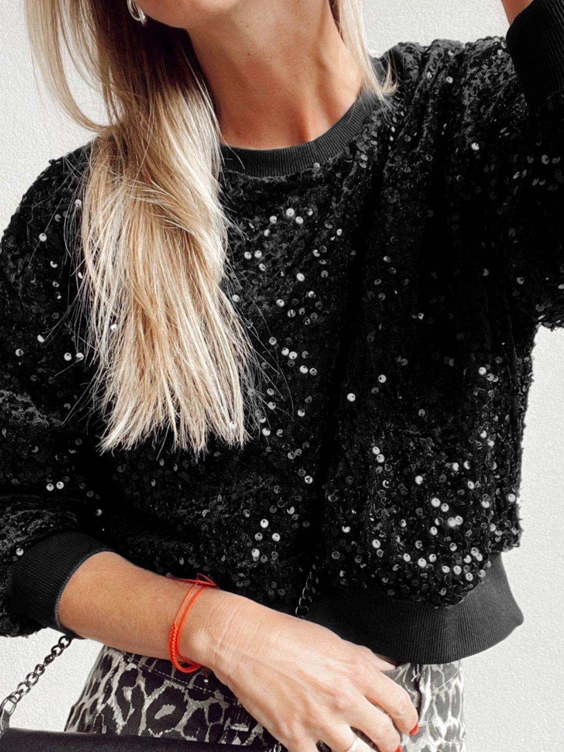 Sequin Round Neck Long Sleeve Blouse Black for a perfect OOTD – dress to impress outfits from Amexza