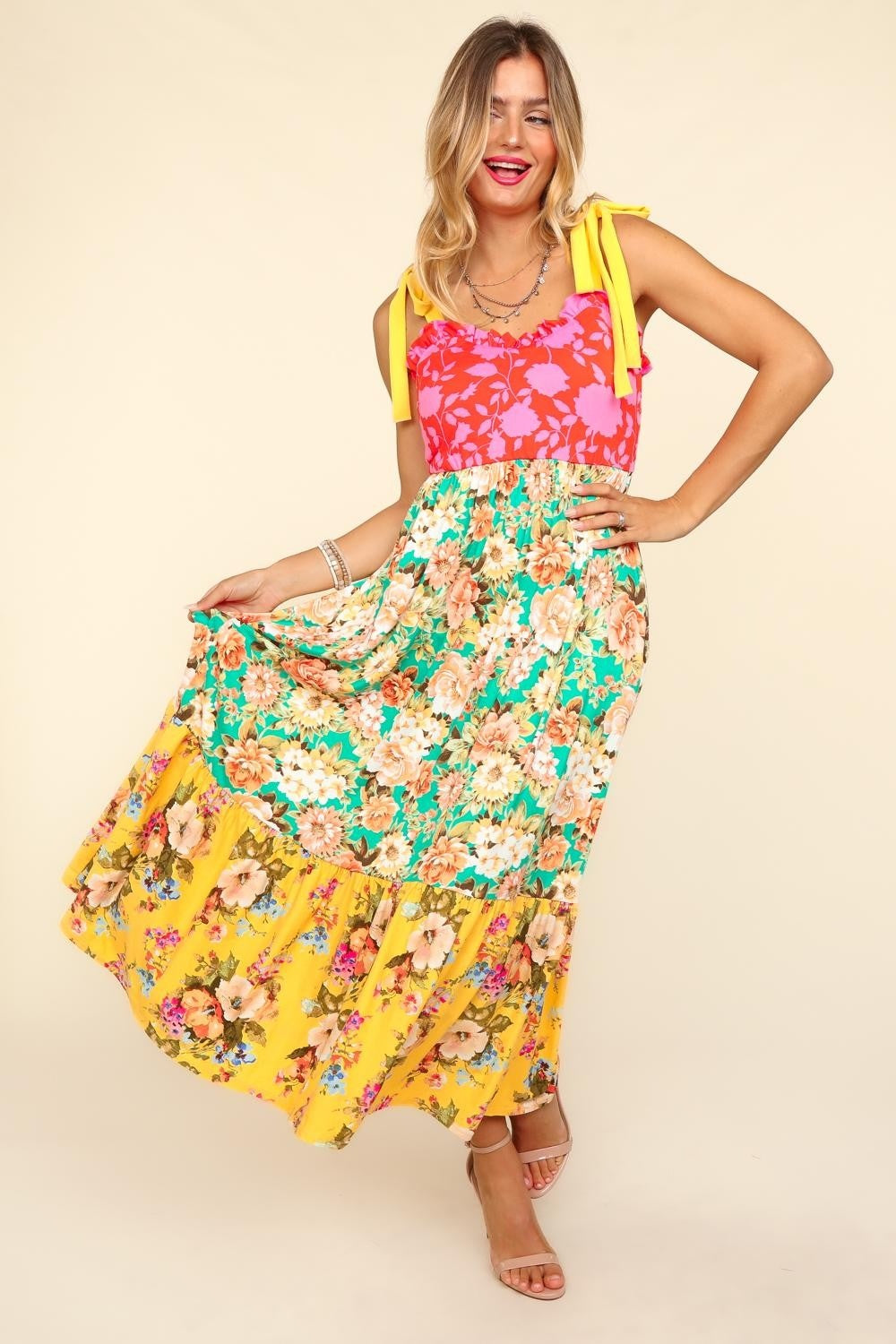 Haptics Floral Color Block Maxi Dress with Pockets - Yellow/Scarlet/Mint/Yellow / S