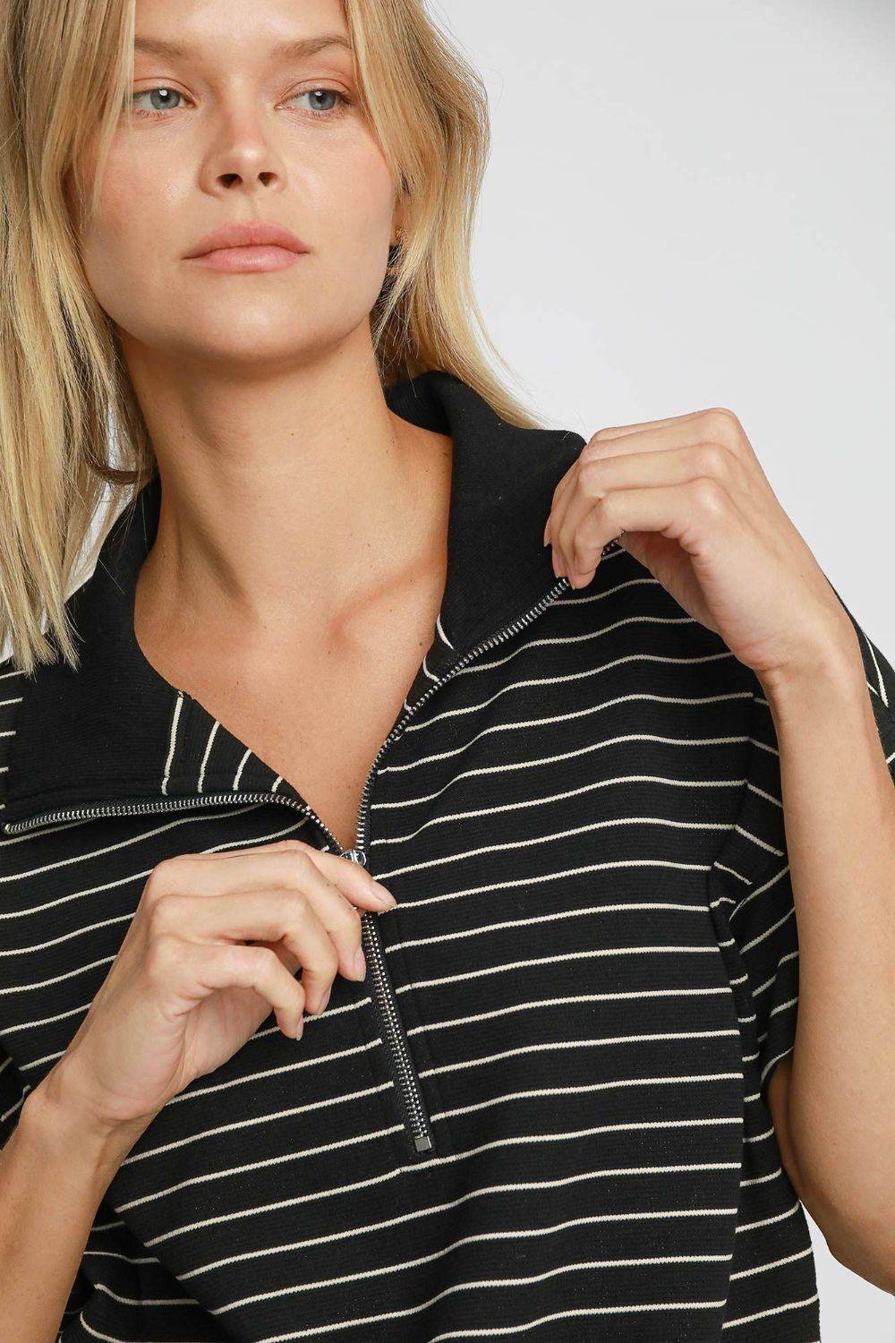 Umgee Striped Half Zip Short Sleeve Sweatshirt for a perfect OOTD – dress to impress outfits from Amexza