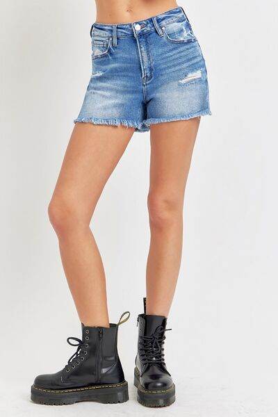 RISEN Full Size High Rise Distressed Raw Hem Denim Shorts for a perfect OOTD – dress to impress outfits from Amexza