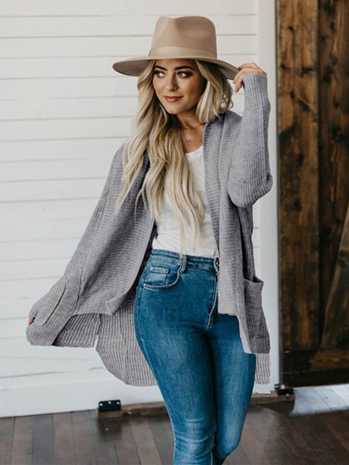 High-Low Open Front Cardigan with Pockets Dark Gray for a perfect OOTD – dress to impress outfits from Amexza